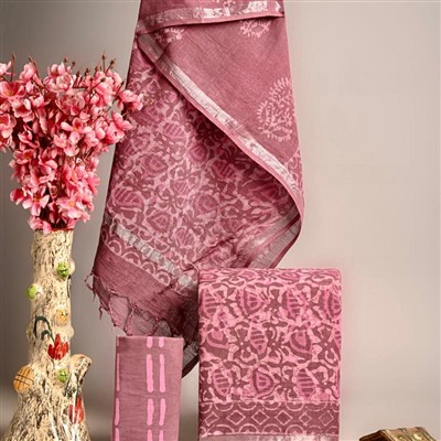 Silver Blossom Linen Cotton Suit Set with Pink Floral Patterns