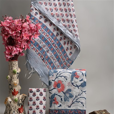 Hand Block Printed Linen Cotton Ethnic Suit Set with Silver Border