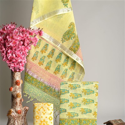 Turquoise Paisley Hand Block Linen Cotton Suit Set