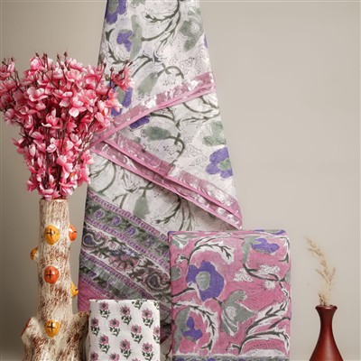 Hand Block Printed Pink Floral Linen Cotton Suit Set