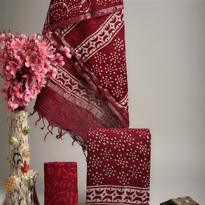 Hand Block Maroon Floral Linen Cotton Dress Set