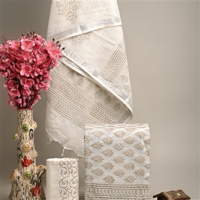 Hand Block Printed Linen Suit Set with Silver Border
