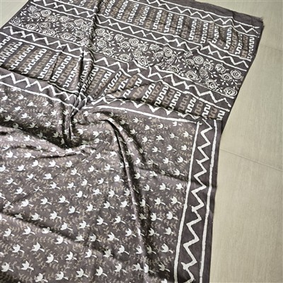 Hand Block Printed Floral Brown Cotton Mulmul Saree Set