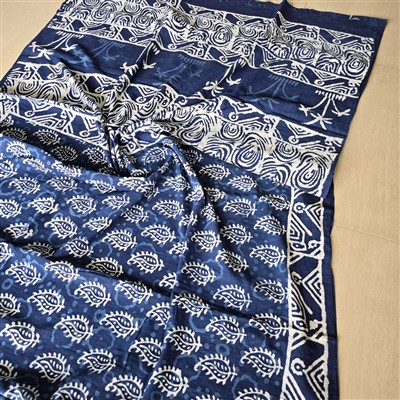 Indigo Hand Block Printed Mulmul Cotton Saree with Paisley Motifs