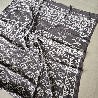 Hand Block Printed Charcoal Cotton Mulmul Saree with White Floral Geometric Designs