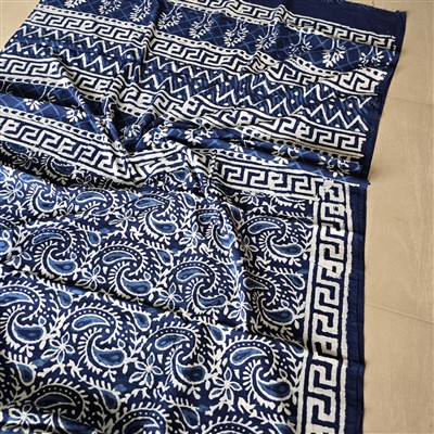 Indigo Paisley Hand Block Printed Cotton Mulmul Saree Set