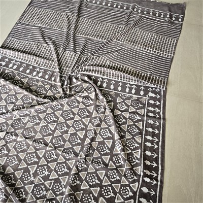 Hand Block Printed Cotton Mulmul Saree in Taupe and White Floral Geometric Design