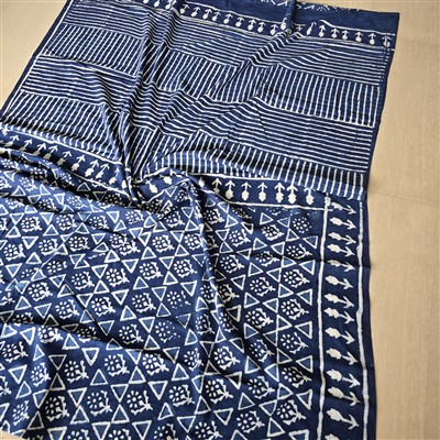 Hand Block Printed Indigo Cotton Saree with Floral Border