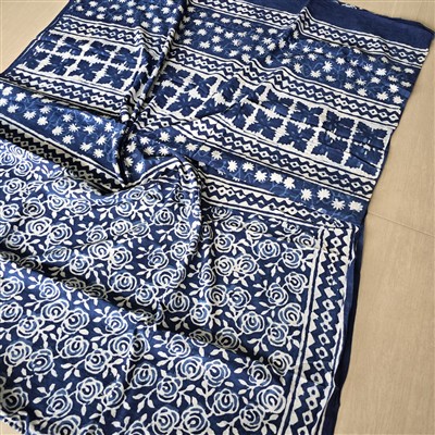 Indigo Rose Hand Block Printed Cotton Mulmul Saree Set