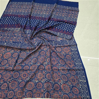 Hand Block Printed Indigo Cotton Mulmul Saree with Floral Border