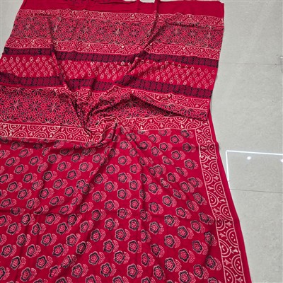 Hand Block Printed Crimson Cotton Mulmul Saree with Intricate Floral Design
