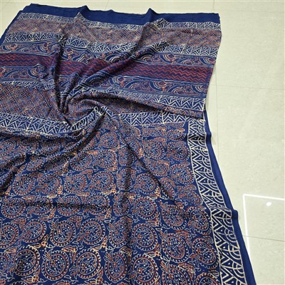 Indigo Hand Block Printed Cotton Mulmul Saree Floral Geometric Design