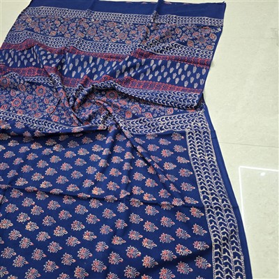 Hand Block Printed Indigo Cotton Mulmul Saree with Floral Motifs