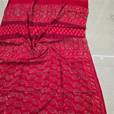 Hand Block Printed Red Cotton Mulmul Saree with Paisley Motifs