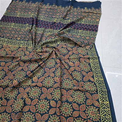 Indigo Floral Hand Block Printed Cotton Mulmul Saree