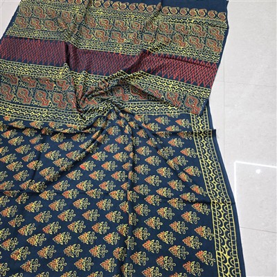 Indigo Floral Hand Block Printed Cotton Mulmul Saree