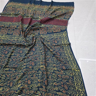 Indigo Floral Hand Block Printed Cotton Mulmul Saree