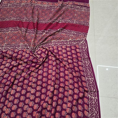 Hand Block Printed Maroon Cotton Mulmul Saree with Floral Motifs