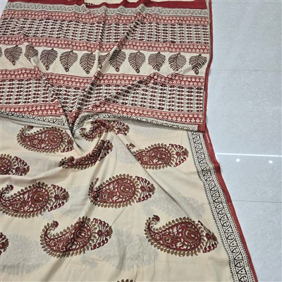 Hand Block Printed Maroon Paisley Mulmul Cotton Saree