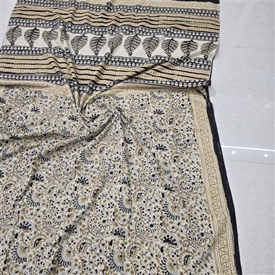 Hand Block Printed Cotton Mulmul Saree with Beige and Black Floral Motifs