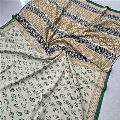 Hand Block Printed Beige Green Saree with Paisley Motifs