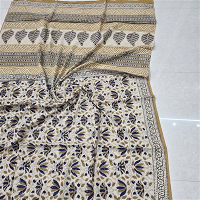 Indigo Floral Hand Block Printed Cotton Mulmul Saree