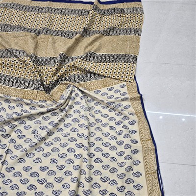 Hand Block Printed Beige & Black Cotton Saree with Blue Paisley Motif