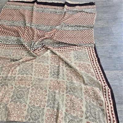 Hand Block Printed Black and Reddish-Brown Cotton Mulmul Saree Set