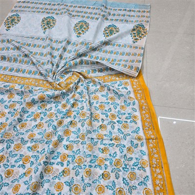 Hand Block Printed Floral Mulmul Cotton Saree Set