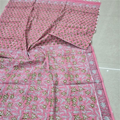 Hand Block Printed Pink Floral Cotton Mulmul Saree