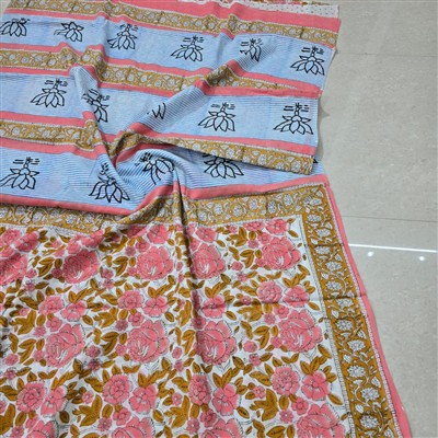 Hand Block Printed Floral Striped Cotton Mulmul Saree