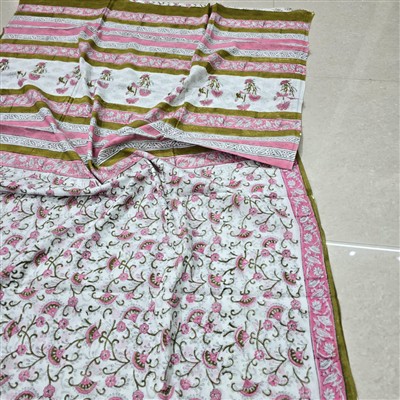 Hand Block Printed Olive Vine Cotton Saree Set
