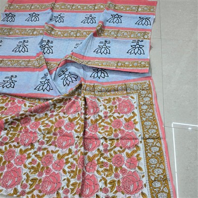 Hand Block Printed Cotton Mulmul Saree with Floral and Striped Patterns