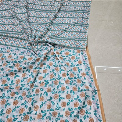 Teal Floral Hand Block Printed Mulmul Saree Set