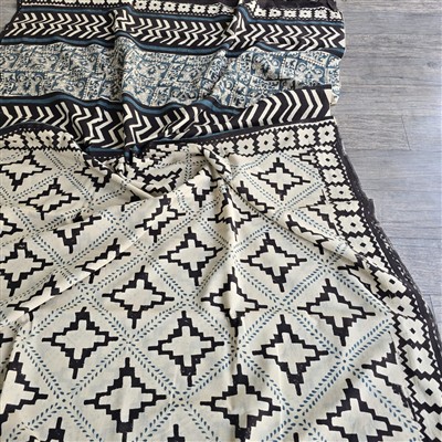 Indigo Diamond Hand Block Printed Cotton Mulmul Saree Set