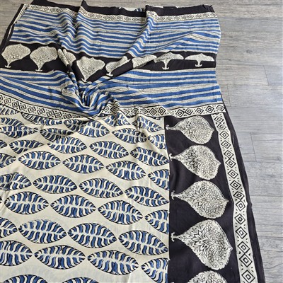 Hand Block Printed Cotton Mulmul Saree in Blue and Cream Motifs
