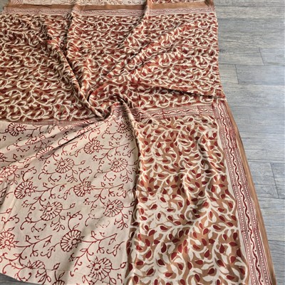 Hand Block Printed Mulmul Cotton Saree in Earthy Floral and Leaf Motif