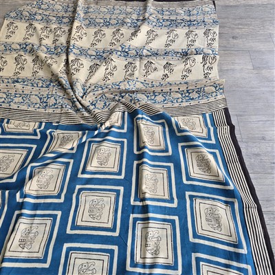 Cream Floral Hand Block Printed Cotton Mulmul Saree