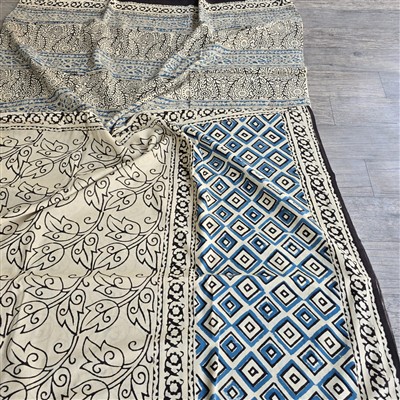 Hand Block Printed Black and Blue Floral Vine Cotton Saree Set