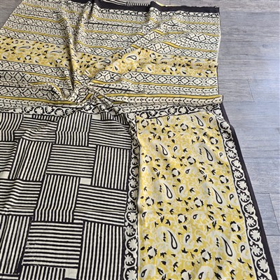 Hand Block Printed Cotton Saree in Monochrome & Yellow Florals