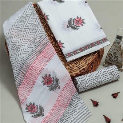 Pink Grey Floral Cotton Dress Material Set