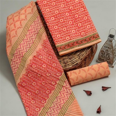 Peachy Coral Blossom Hand Block Cotton Suit Set