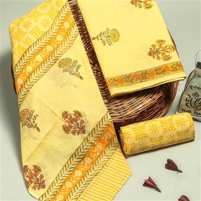 Hand Block Printed Cotton Suit Set in Warm Yellow and Orange Floral Motifs