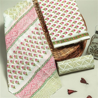 Hand Block Printed Cotton Suit Set with Pink and Green Floral Motifs