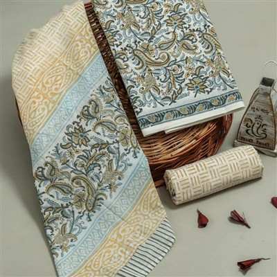 Hand Block Printed Cotton Suit Set with Floral and Geometric Motifs