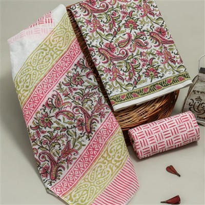 Hand Block Printed Pink and Green Floral Cotton Suit Set