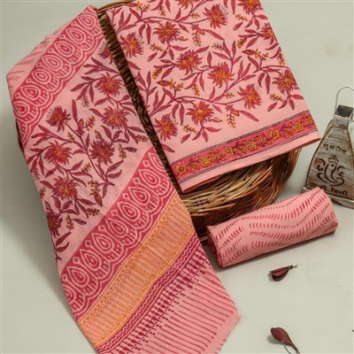 Hand Block Printed Pink Floral Cotton Dress Material Set