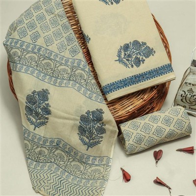 Indigo Floral Hand Block Printed Cotton Suit with Cotton Duaptta