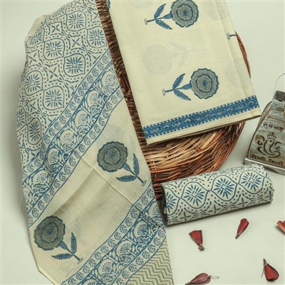 Indigo Floral Hand Block Printed Cotton Suit Set