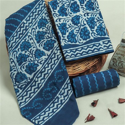 Indigo Floral Hand Block Printed Cotton Dress Material Set
